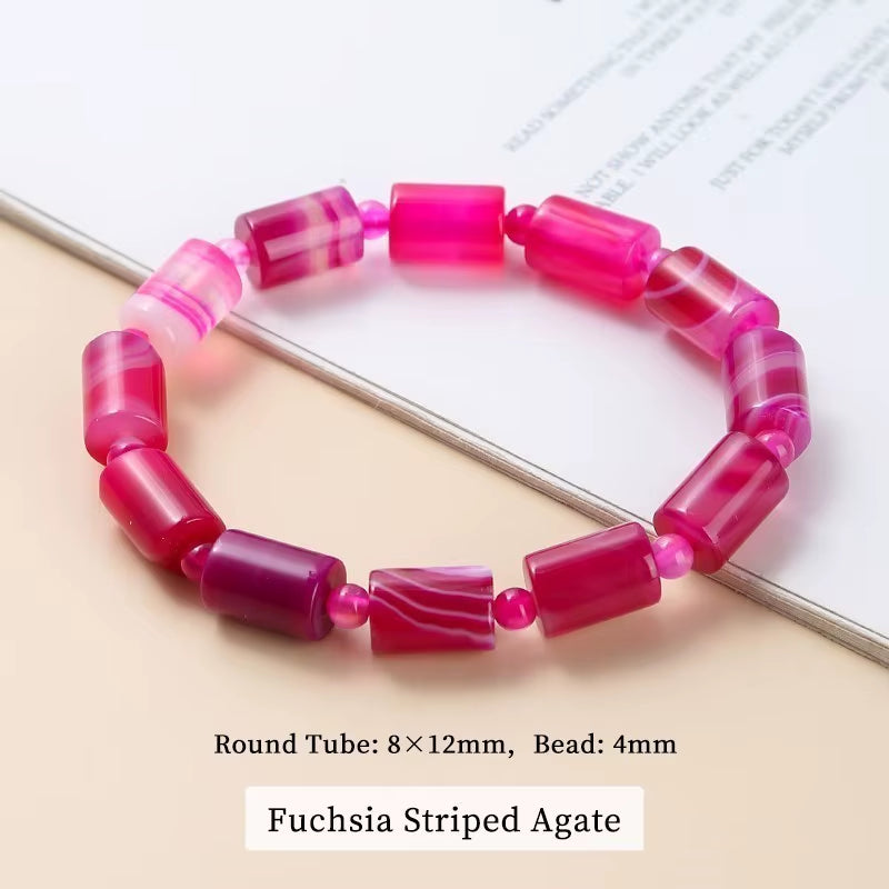 Elegant JD 8x12mm Natural Coffee Striped Agate Tube Shape Bracelet - Tibetan Buddha Barrel Rosary Prayer Jewelry for Women