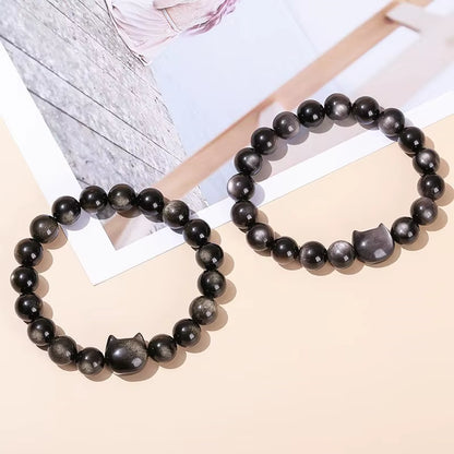 Stunning JD 7A Natural Gold and Silver Shiny Black Obsidian Cat Head Beaded Bracelet - A Unique Charm for Men and Women