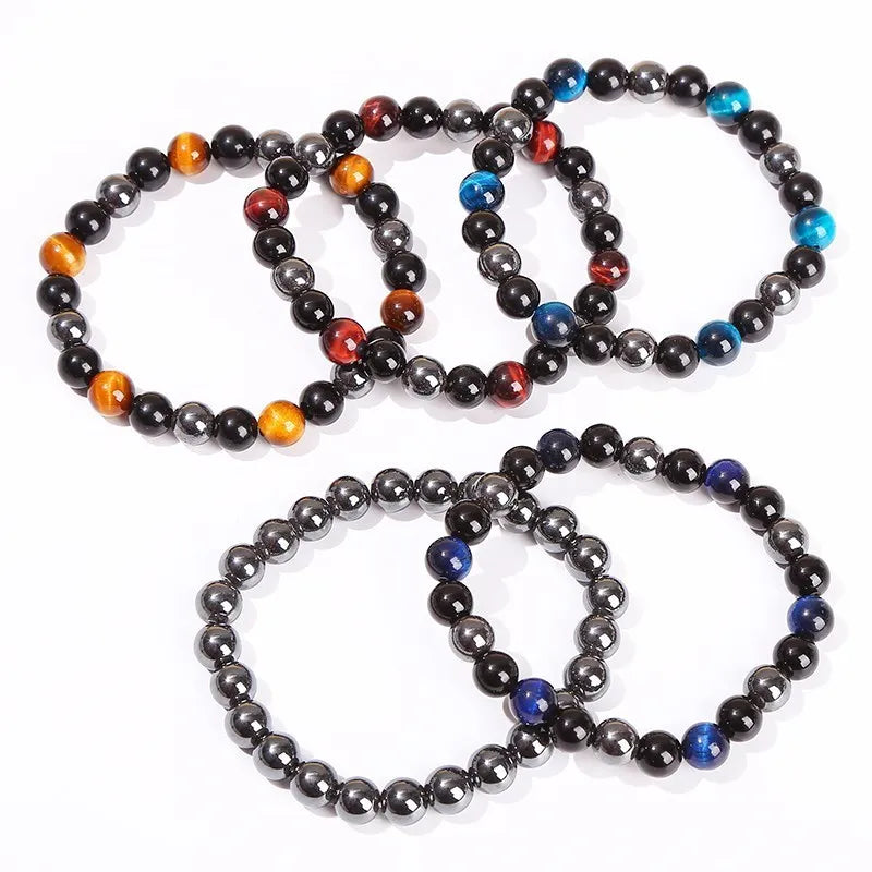 Experience Triple Protection and Wellness with the JD Natural Black Obsidian, Hematite & Tiger Eye Bead Bracelet for Unisex Fashion