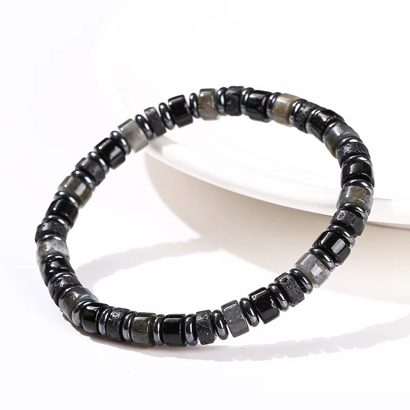 Elevate Your Style with the JD Natural Lava Stone & Spectrolite Hematite Bead Bracelet - Handmade Bohemian Chic for Meditation and Yoga