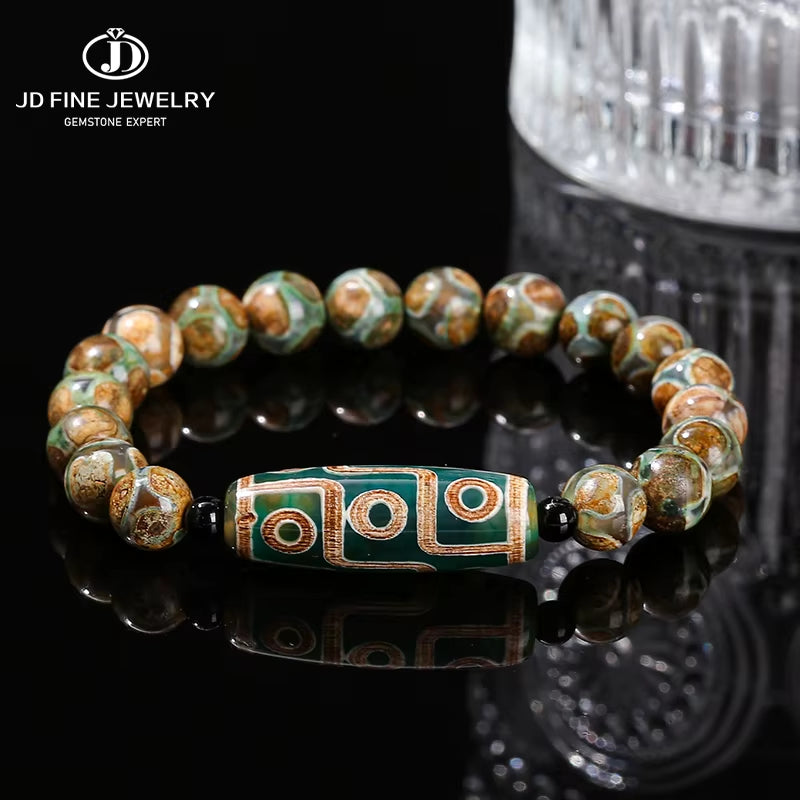 Green Nine Eyes Tibetan Dzi Agate Barrel Retro