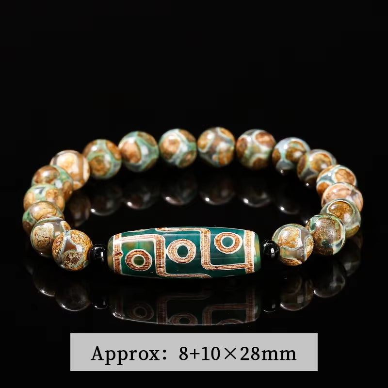 Green Nine Eyes Tibetan Dzi Agate Barrel Retro