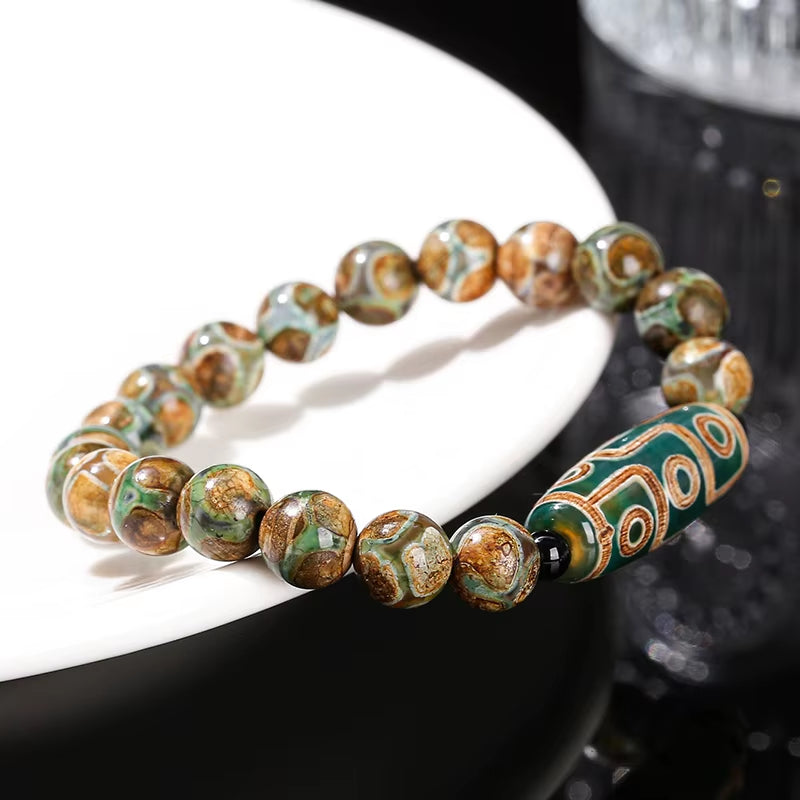 Green Nine Eyes Tibetan Dzi Agate Barrel Retro