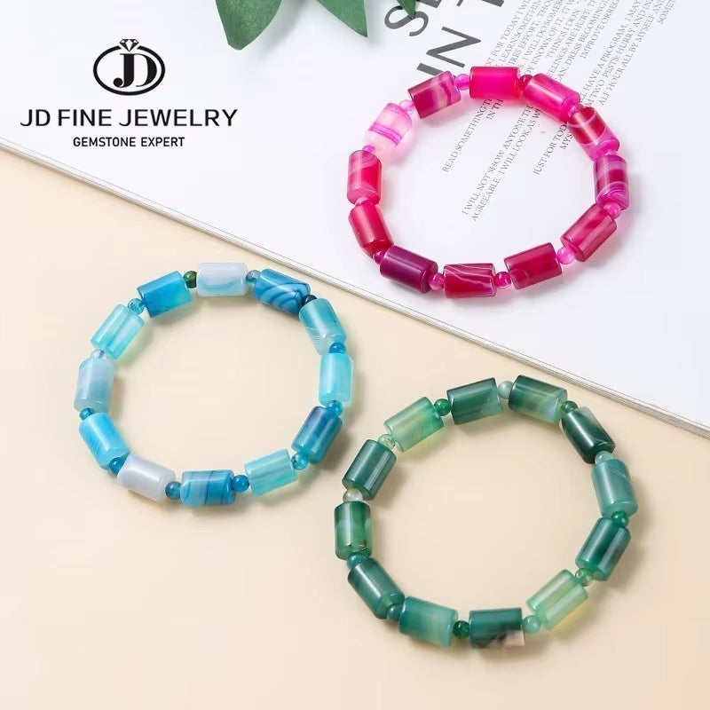 Elegant JD 8x12mm Natural Coffee Striped Agate Tube Shape Bracelet - Tibetan Buddha Barrel Rosary Prayer Jewelry for Women