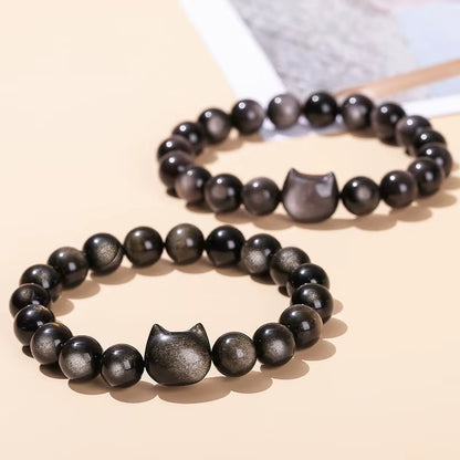 Stunning JD 7A Natural Gold and Silver Shiny Black Obsidian Cat Head Beaded Bracelet - A Unique Charm for Men and Women