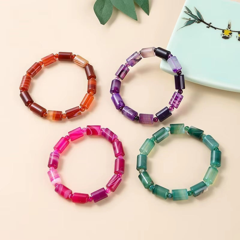 Elegant JD 8x12mm Natural Coffee Striped Agate Tube Shape Bracelet - Tibetan Buddha Barrel Rosary Prayer Jewelry for Women