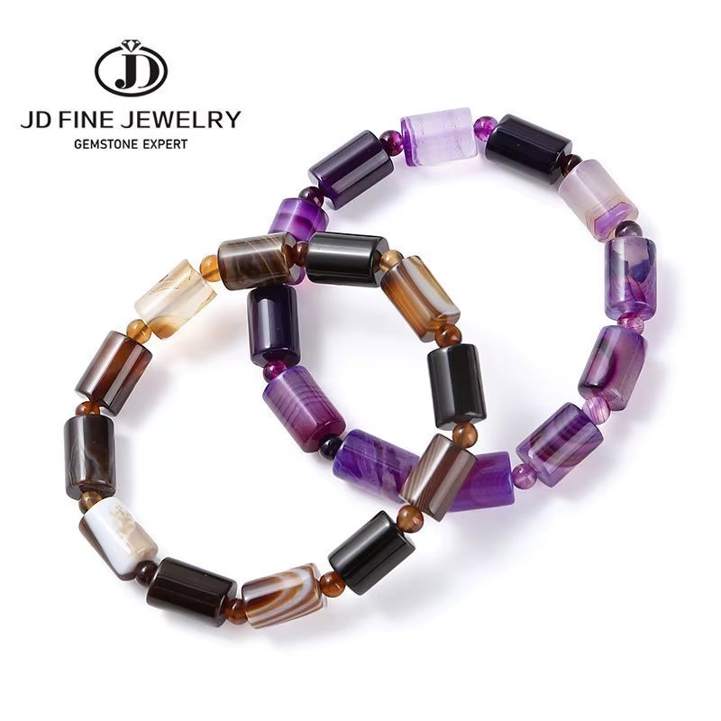 Elegant JD 8x12mm Natural Coffee Striped Agate Tube Shape Bracelet - Tibetan Buddha Barrel Rosary Prayer Jewelry for Women