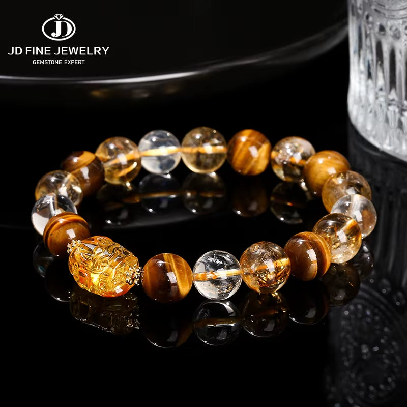 Elevate Your Style with the JD Natural Yellow Tiger Eye & Citrine Beeswax Pixiu Bracelet – Handmade Feng Shui Jewelry for Men and Women