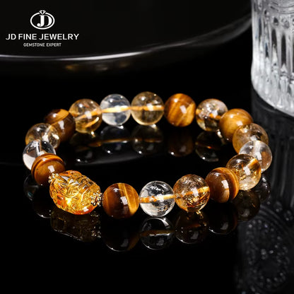 Elevate Your Style with the JD Natural Yellow Tiger Eye & Citrine Beeswax Pixiu Bracelet – Handmade Feng Shui Jewelry for Men and Women