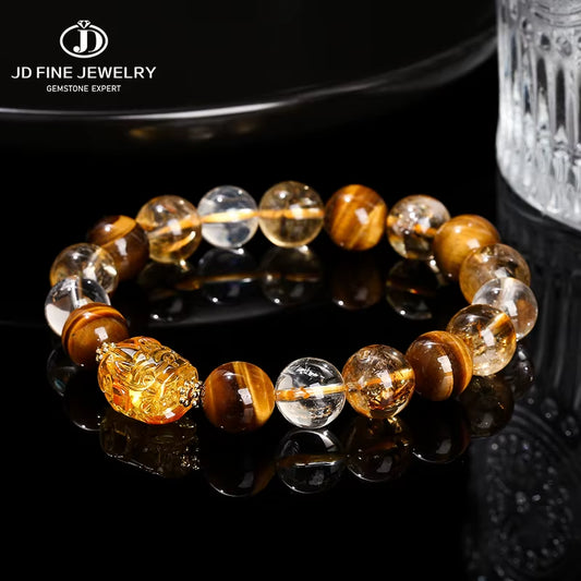 Elevate Your Style with the JD Natural Yellow Tiger Eye & Citrine Beeswax Pixiu Bracelet – Handmade Feng Shui Jewelry for Men and Women