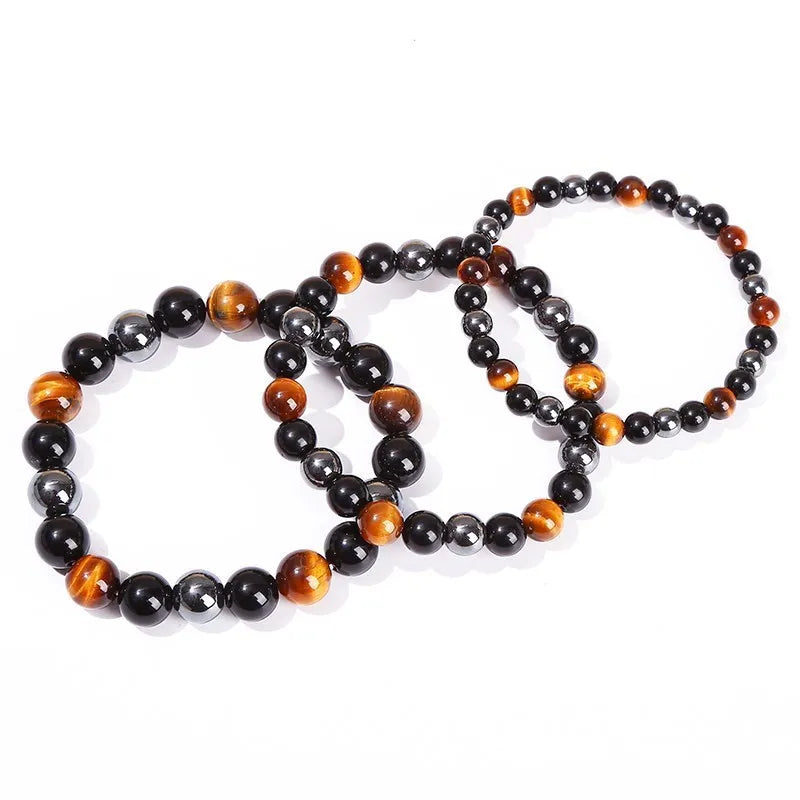Experience Triple Protection and Wellness with the JD Natural Black Obsidian, Hematite & Tiger Eye Bead Bracelet for Unisex Fashion