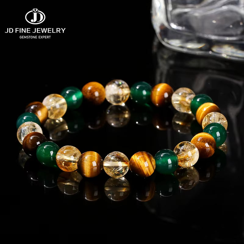 Elevate Your Style with the JD Natural Yellow Tiger Eye & Green Agate Citrine Mixed Wealth Bracelet - Handmade Unisex Energy Bead Jewelry Gift