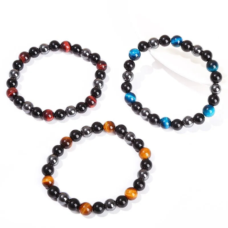 Experience Triple Protection and Wellness with the JD Natural Black Obsidian, Hematite & Tiger Eye Bead Bracelet for Unisex Fashion