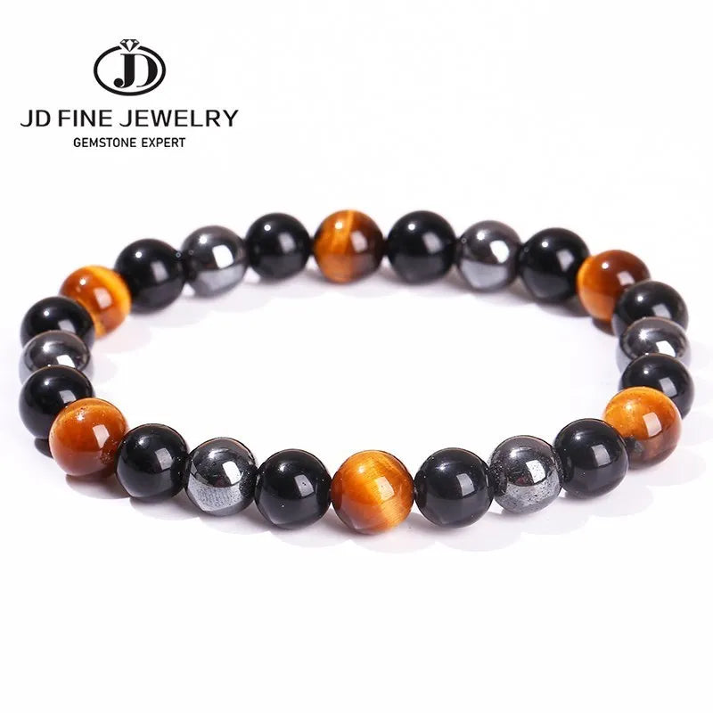Experience Triple Protection and Wellness with the JD Natural Black Obsidian, Hematite & Tiger Eye Bead Bracelet for Unisex Fashion