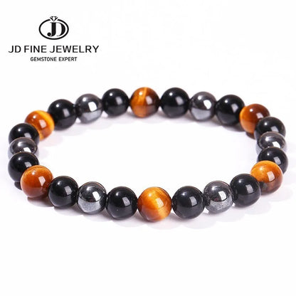 Experience Triple Protection and Wellness with the JD Natural Black Obsidian, Hematite & Tiger Eye Bead Bracelet for Unisex Fashion