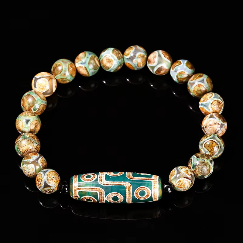 Green Nine Eyes Tibetan Dzi Agate Barrel Retro