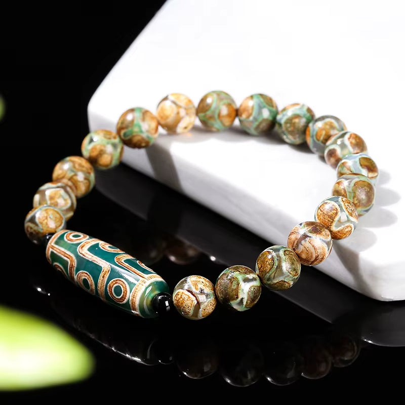 Green Nine Eyes Tibetan Dzi Agate Barrel Retro