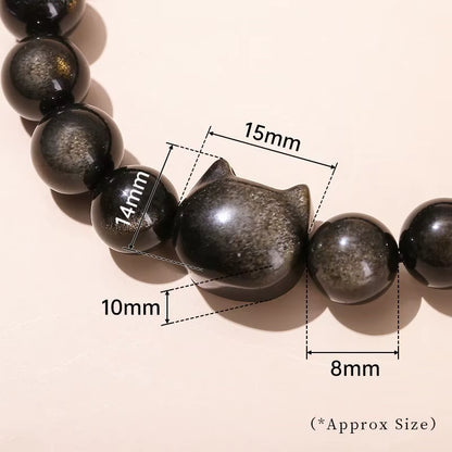 Stunning JD 7A Natural Gold and Silver Shiny Black Obsidian Cat Head Beaded Bracelet - A Unique Charm for Men and Women