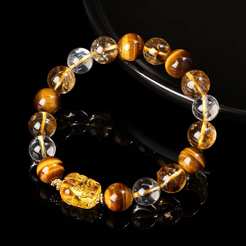Elevate Your Style with the JD Natural Yellow Tiger Eye & Citrine Beeswax Pixiu Bracelet – Handmade Feng Shui Jewelry for Men and Women