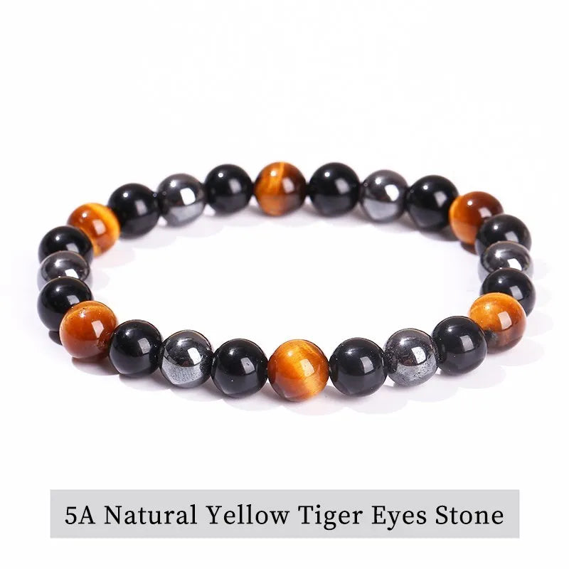 Experience Triple Protection and Wellness with the JD Natural Black Obsidian, Hematite & Tiger Eye Bead Bracelet for Unisex Fashion