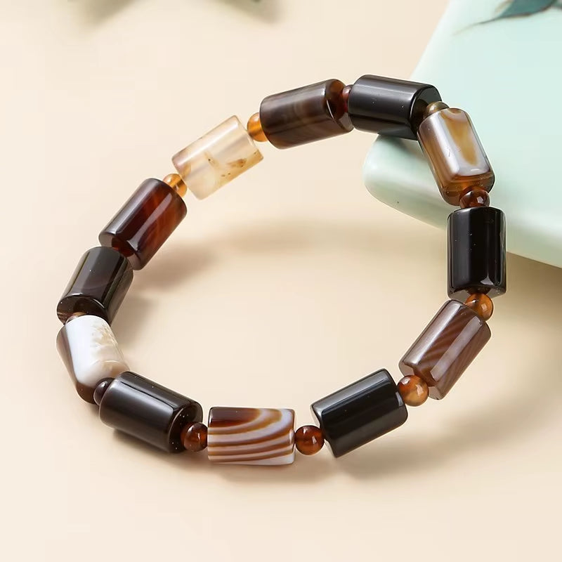 Elegant JD 8x12mm Natural Coffee Striped Agate Tube Shape Bracelet - Tibetan Buddha Barrel Rosary Prayer Jewelry for Women