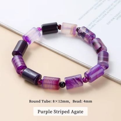Elegant JD 8x12mm Natural Coffee Striped Agate Tube Shape Bracelet - Tibetan Buddha Barrel Rosary Prayer Jewelry for Women