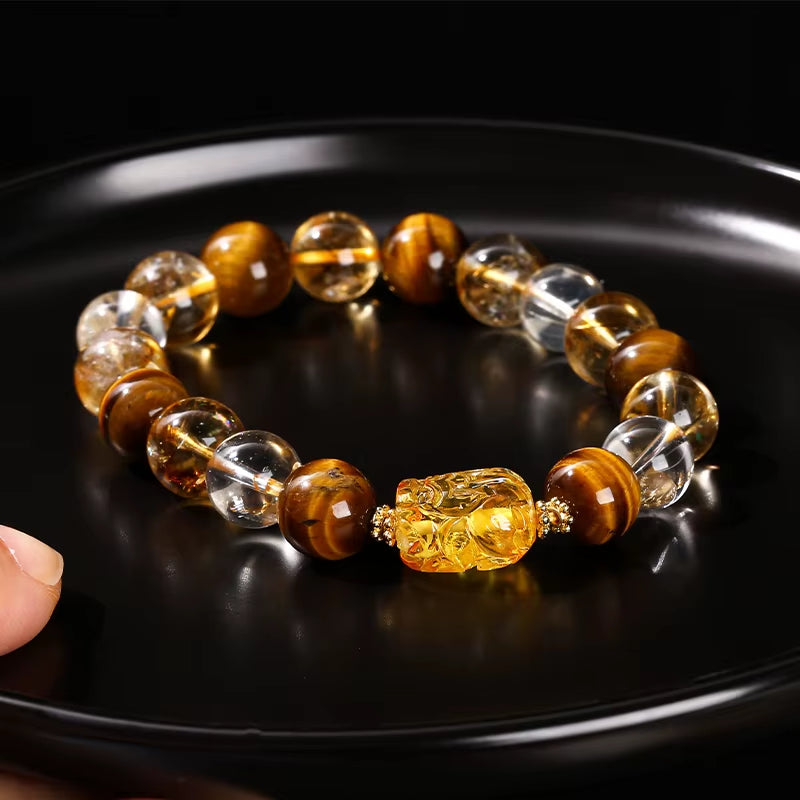 Elevate Your Style with the JD Natural Yellow Tiger Eye & Citrine Beeswax Pixiu Bracelet – Handmade Feng Shui Jewelry for Men and Women