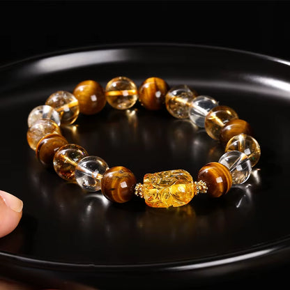 Elevate Your Style with the JD Natural Yellow Tiger Eye & Citrine Beeswax Pixiu Bracelet – Handmade Feng Shui Jewelry for Men and Women