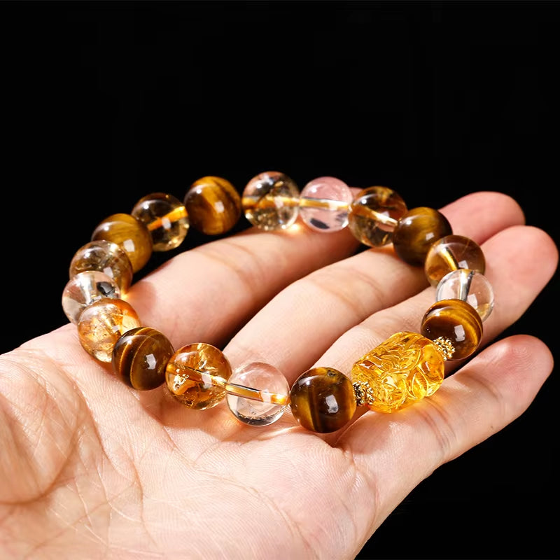 Elevate Your Style with the JD Natural Yellow Tiger Eye & Citrine Beeswax Pixiu Bracelet – Handmade Feng Shui Jewelry for Men and Women