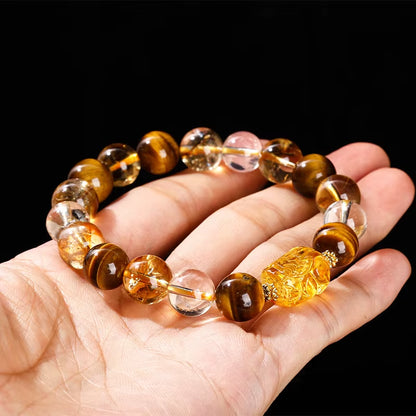 Elevate Your Style with the JD Natural Yellow Tiger Eye & Citrine Beeswax Pixiu Bracelet – Handmade Feng Shui Jewelry for Men and Women