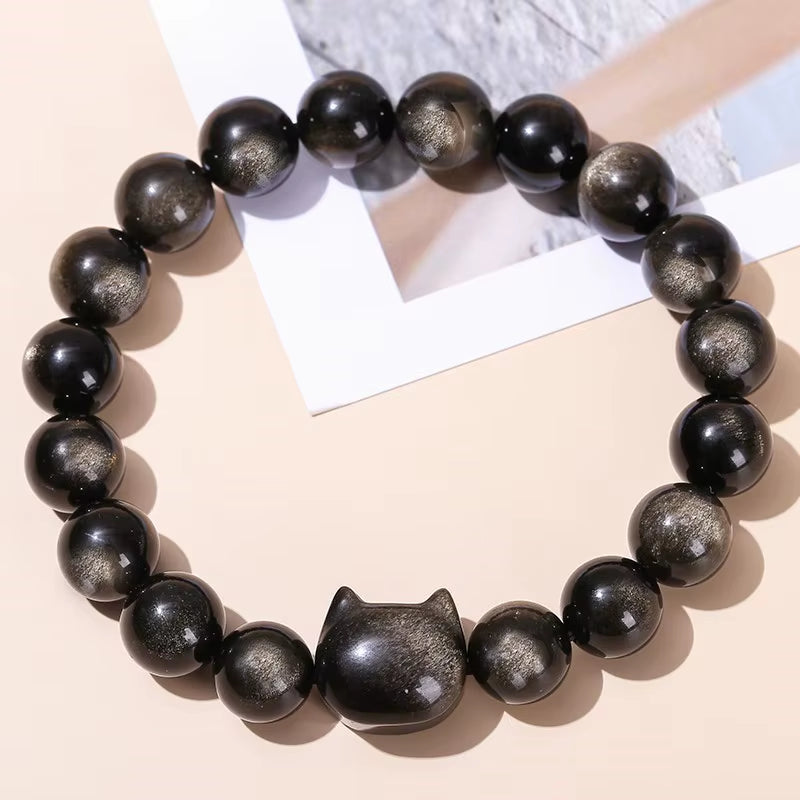 Stunning JD 7A Natural Gold and Silver Shiny Black Obsidian Cat Head Beaded Bracelet - A Unique Charm for Men and Women