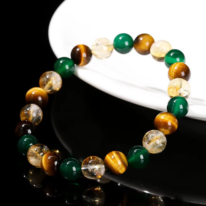 Elevate Your Style with the JD Natural Yellow Tiger Eye & Green Agate Citrine Mixed Wealth Bracelet - Handmade Unisex Energy Bead Jewelry Gift