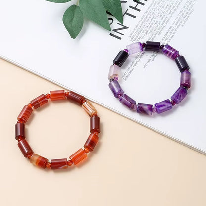 Elegant JD 8x12mm Natural Coffee Striped Agate Tube Shape Bracelet - Tibetan Buddha Barrel Rosary Prayer Jewelry for Women