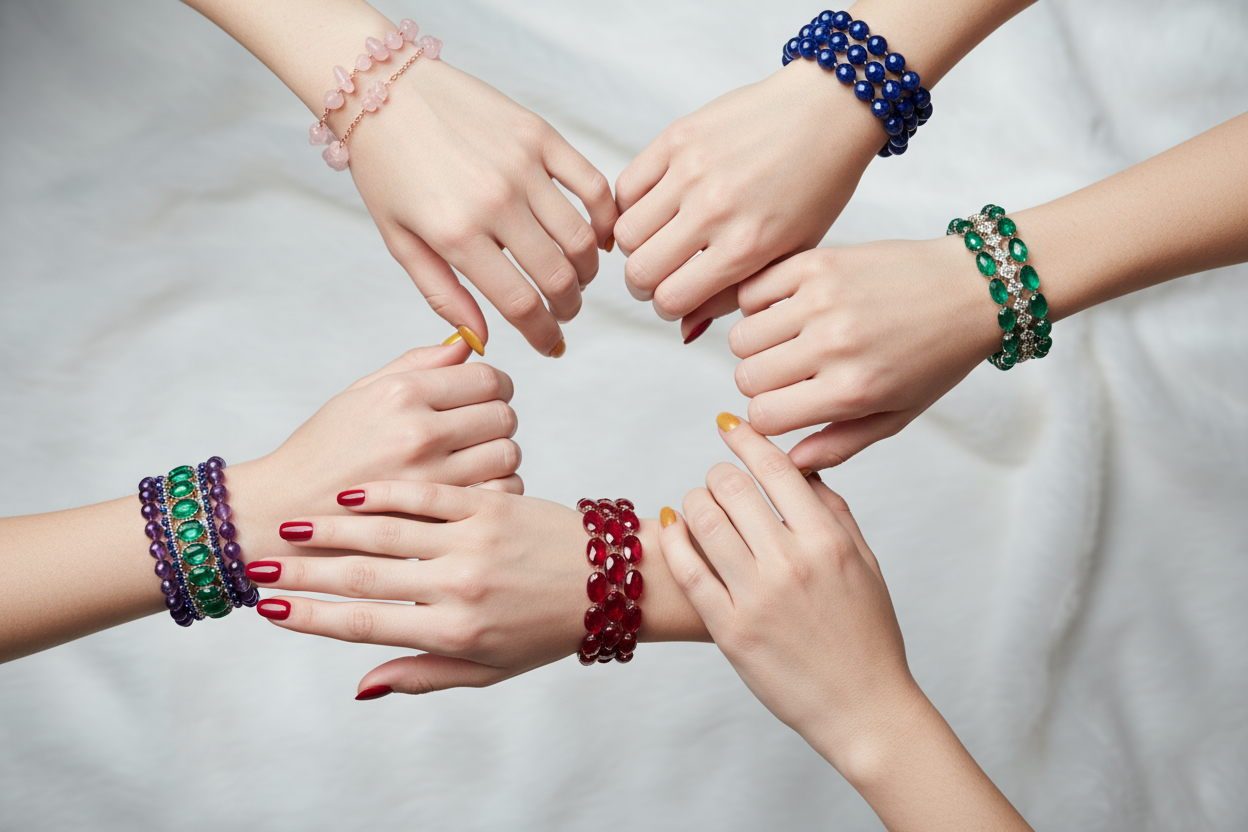 A bunch of girls hands showing of their colourful stone bracelets matching their nail polishes all different 