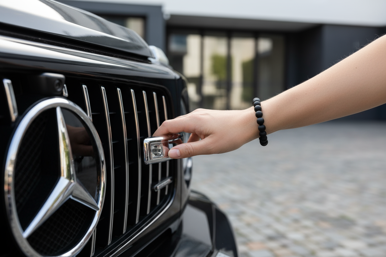 a hand with an black matte black bead bracelet openening a g class mercedes
