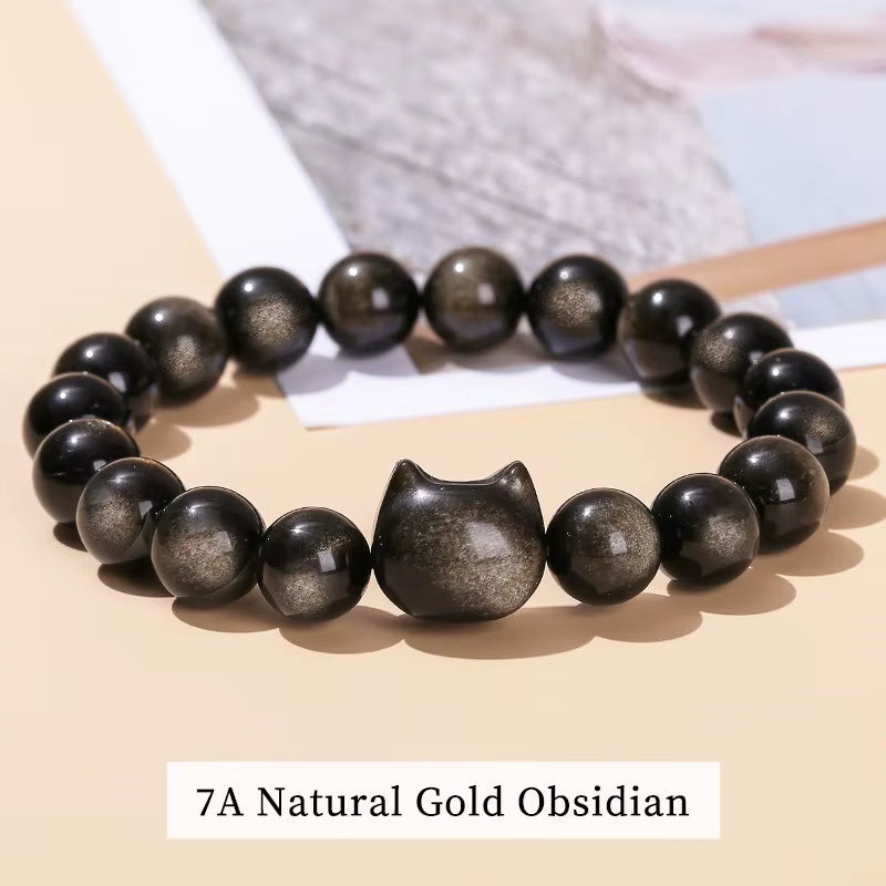 Stunning JD 7A Natural Gold and Silver Shiny Black Obsidian Cat Head Beaded Bracelet - A Unique Charm for Men and Women