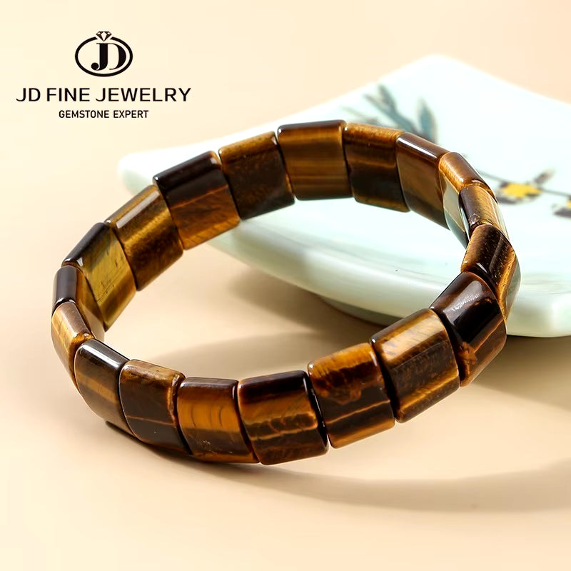 Elevate Your Style with the JD Natural Stone Yellow Tiger Eye Bead Square Bangles - Handmade Reiki Healing Bracelet for Men and Women - Perfect Yoga Wrist Jewelry and Couples Gift