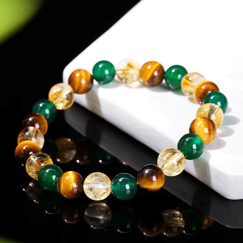 Elevate Your Style with the JD Natural Yellow Tiger Eye & Green Agate Citrine Mixed Wealth Bracelet - Handmade Unisex Energy Bead Jewelry Gift