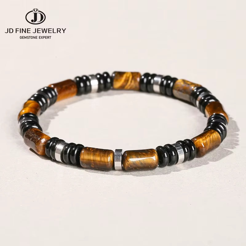 Elevate Your Style with JD Natural Yellow Tiger Eye Stone Tube Bracelets - Unisex Classic Elastic Bangles for Yoga Energy Gifts