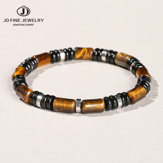 Elevate Your Style with JD Natural Yellow Tiger Eye Stone Tube Bracelets - Unisex Classic Elastic Bangles for Yoga Energy Gifts
