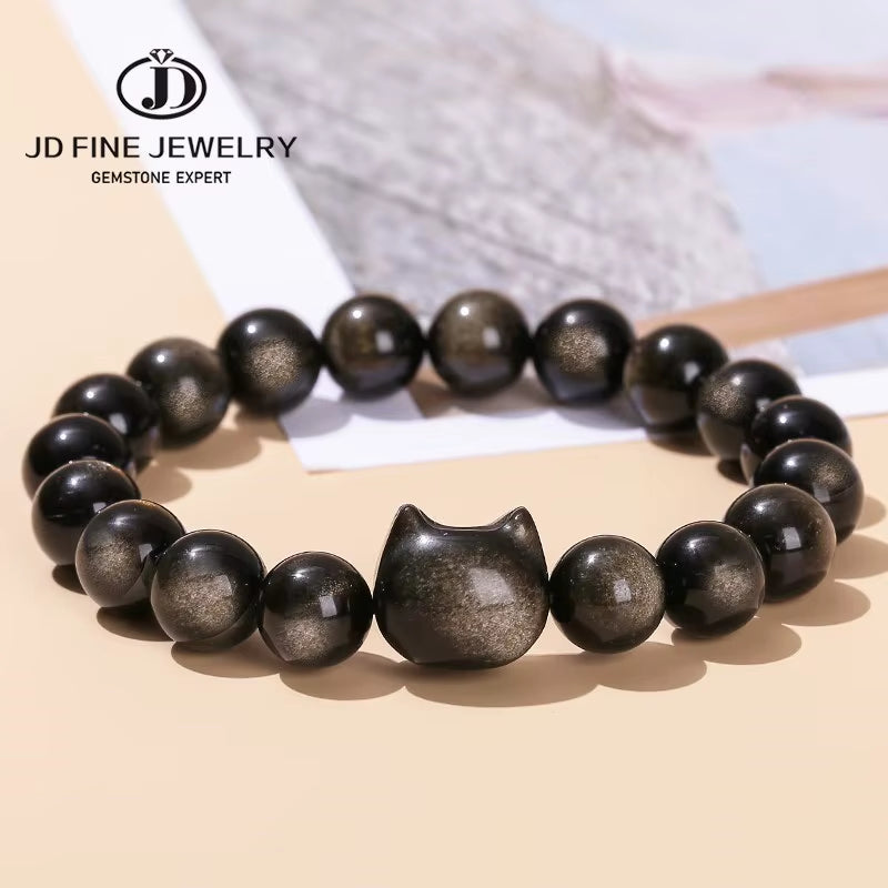 Stunning JD 7A Natural Gold and Silver Shiny Black Obsidian Cat Head Beaded Bracelet - A Unique Charm for Men and Women