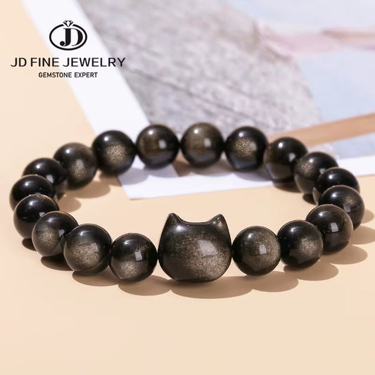 Stunning JD 7A Natural Gold and Silver Shiny Black Obsidian Cat Head Beaded Bracelet - A Unique Charm for Men and Women