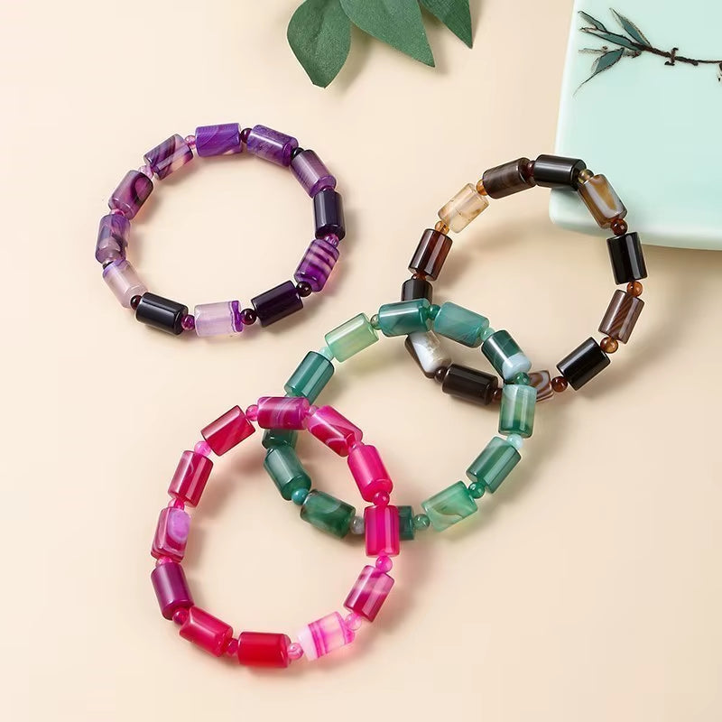 Elegant JD 8x12mm Natural Coffee Striped Agate Tube Shape Bracelet - Tibetan Buddha Barrel Rosary Prayer Jewelry for Women
