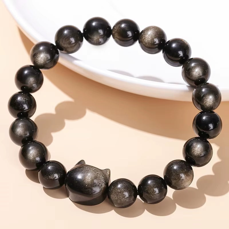 Stunning JD 7A Natural Gold and Silver Shiny Black Obsidian Cat Head Beaded Bracelet - A Unique Charm for Men and Women