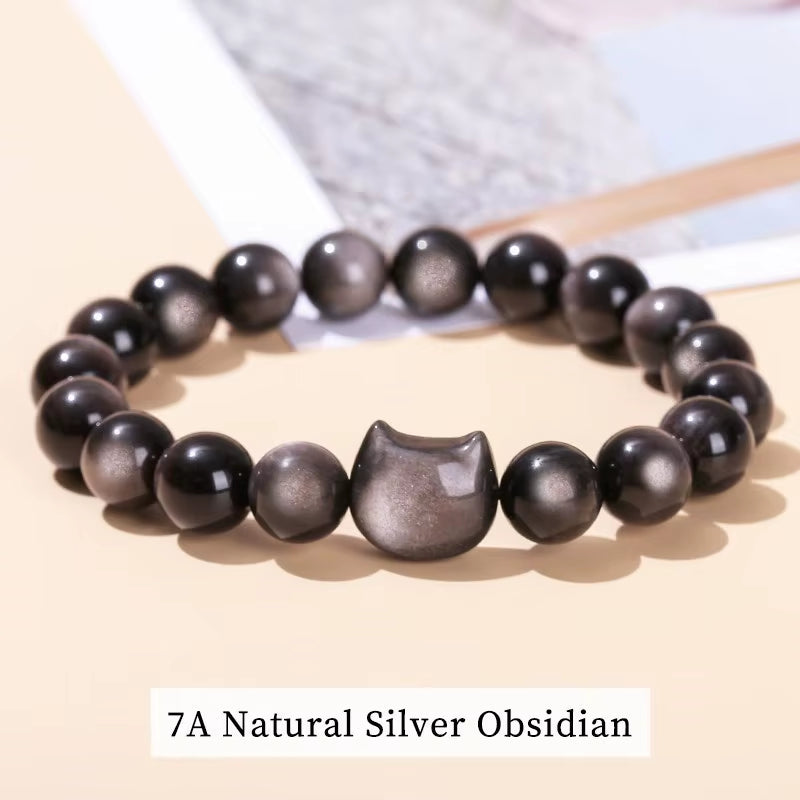 Stunning JD 7A Natural Gold and Silver Shiny Black Obsidian Cat Head Beaded Bracelet - A Unique Charm for Men and Women
