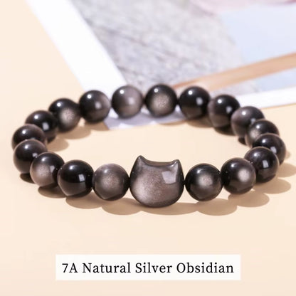 Stunning JD 7A Natural Gold and Silver Shiny Black Obsidian Cat Head Beaded Bracelet - A Unique Charm for Men and Women