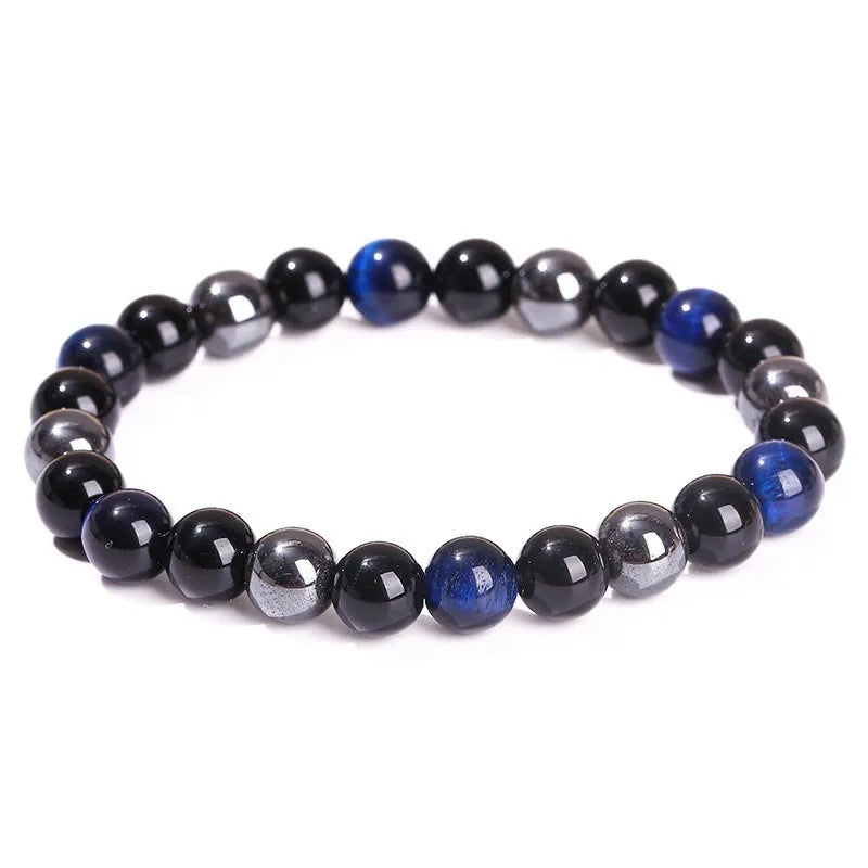 Experience Triple Protection and Wellness with the JD Natural Black Obsidian, Hematite & Tiger Eye Bead Bracelet for Unisex Fashion