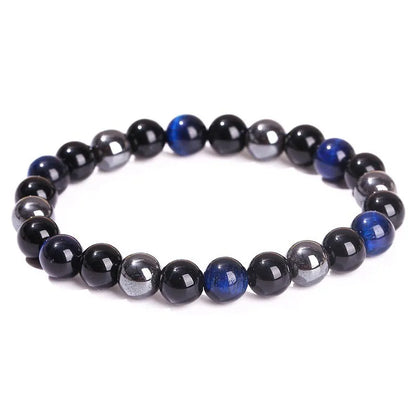 Experience Triple Protection and Wellness with the JD Natural Black Obsidian, Hematite & Tiger Eye Bead Bracelet for Unisex Fashion